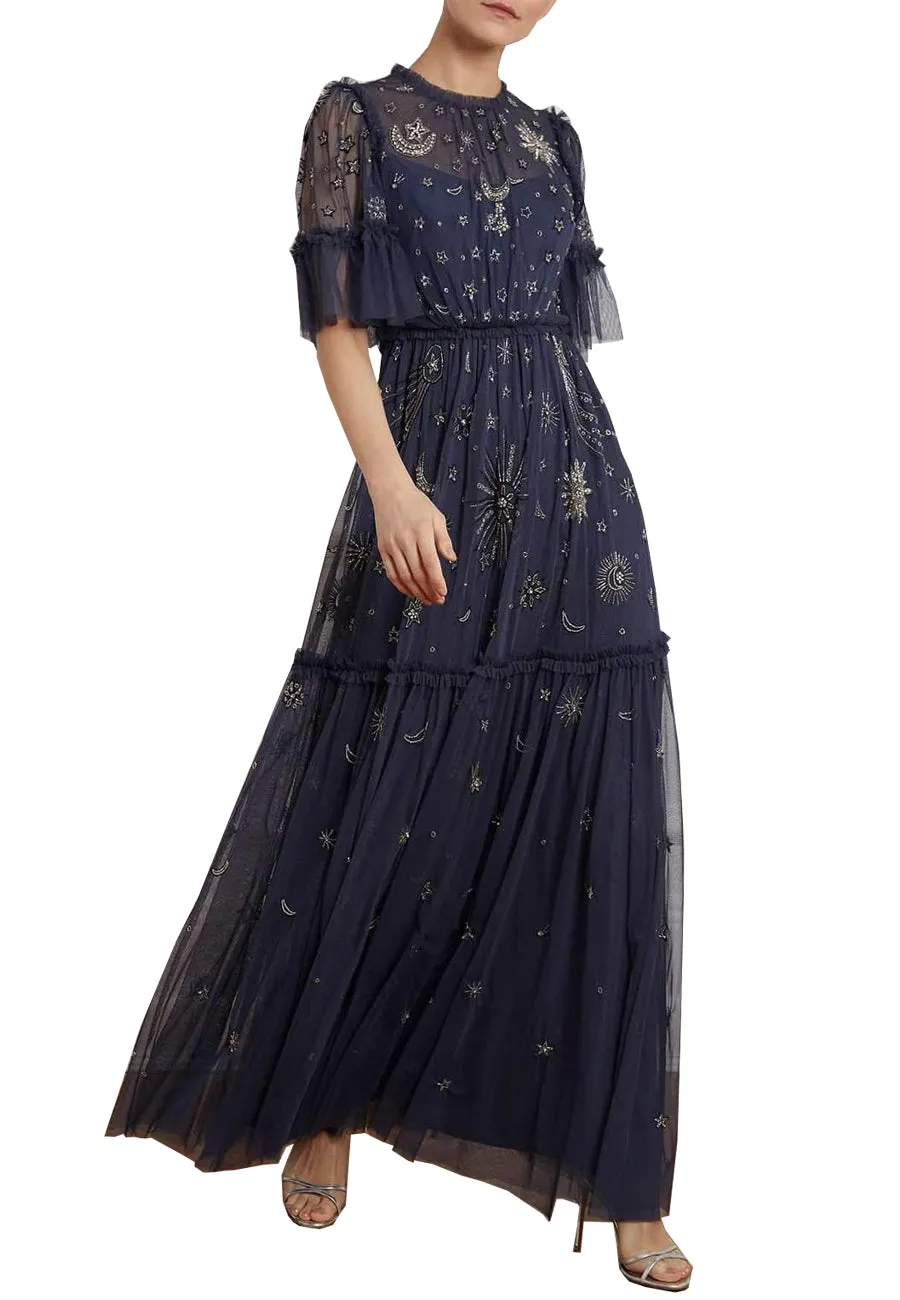 Navy Jasmine Ether Moon and Stars Embellished Maxi Dress