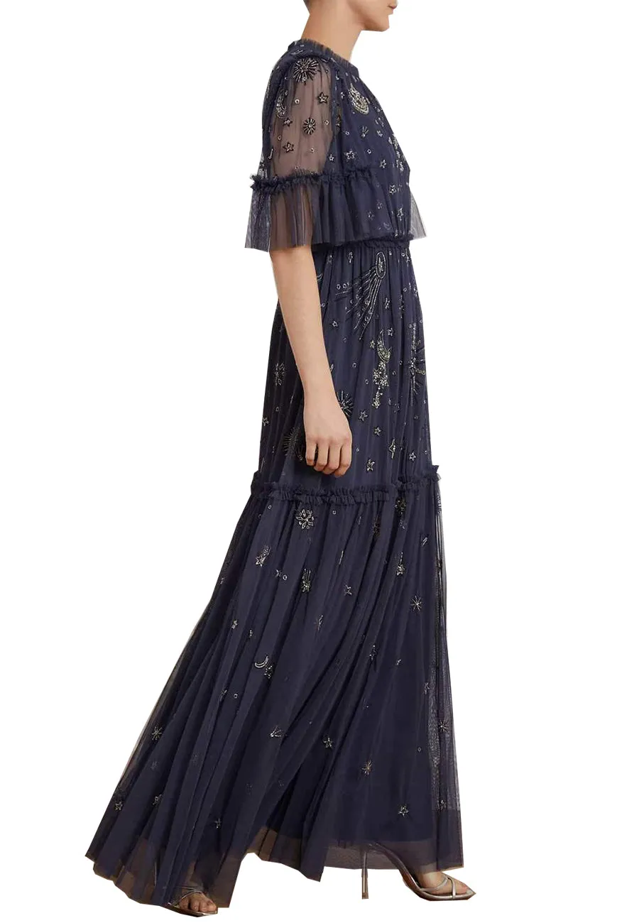 Navy Jasmine Ether Moon and Stars Embellished Maxi Dress