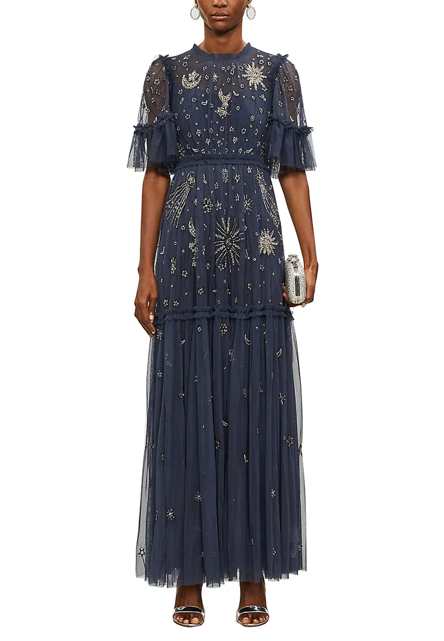 Navy Jasmine Ether Moon and Stars Embellished Maxi Dress