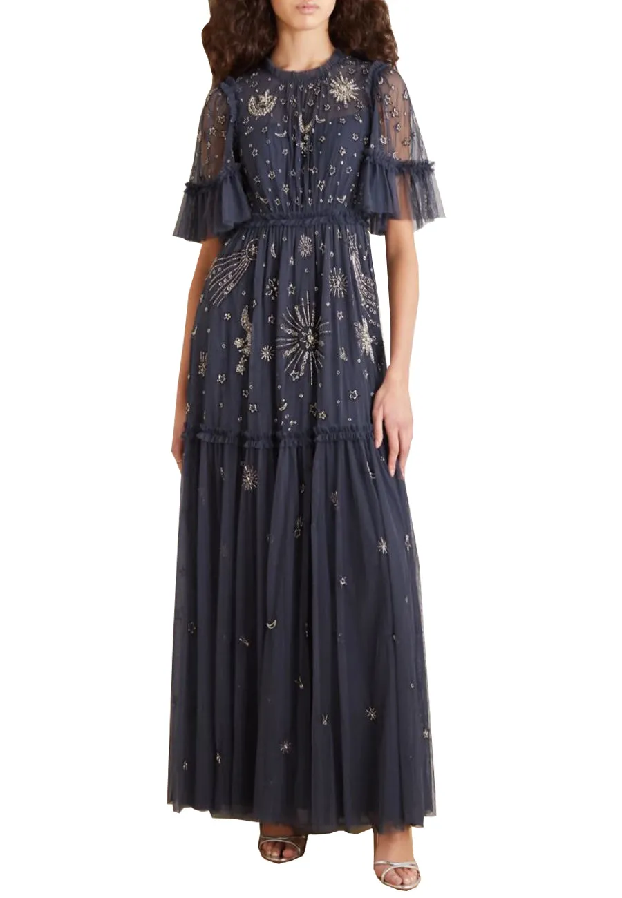 Navy Jasmine Ether Moon and Stars Embellished Maxi Dress