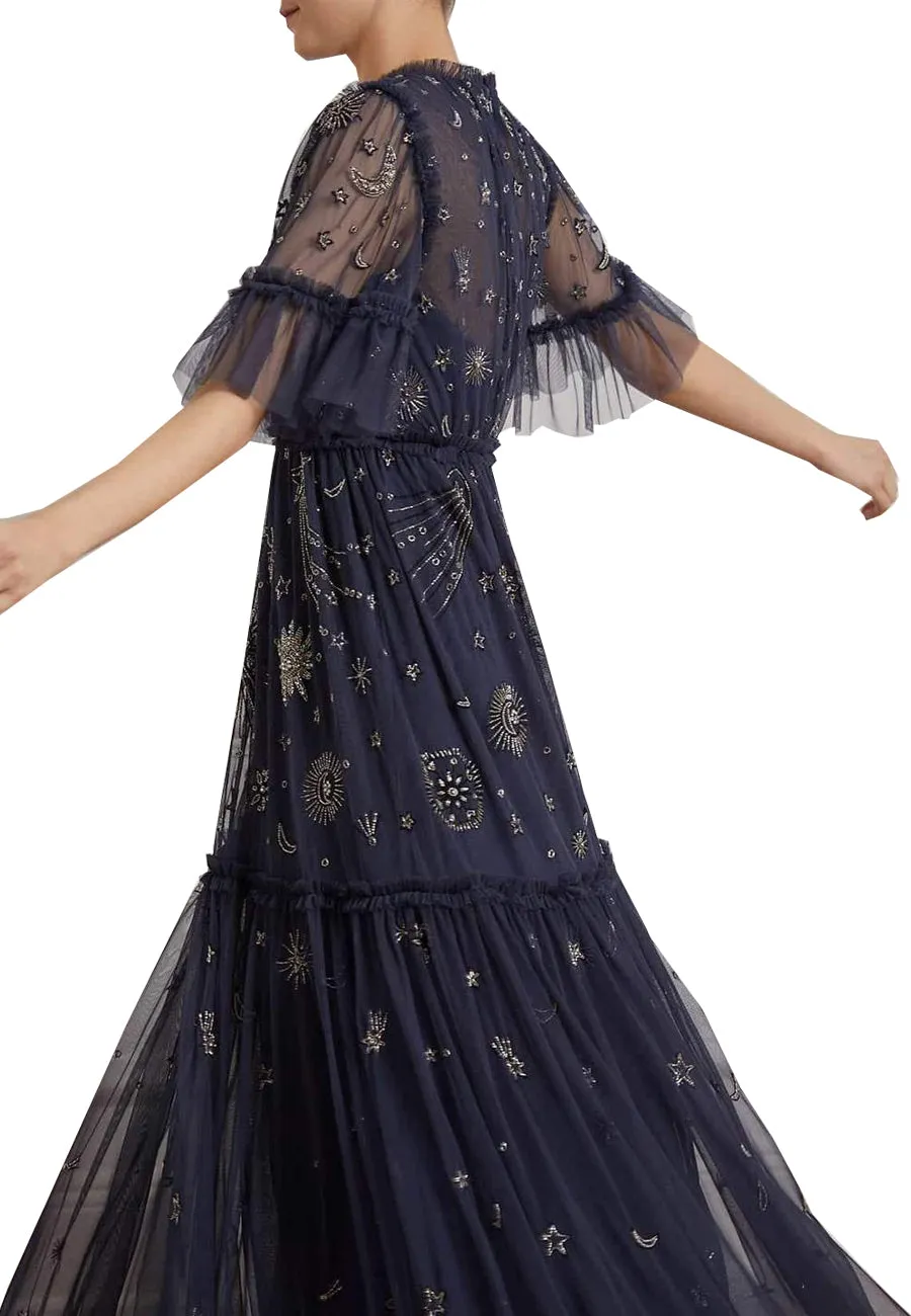 Navy Jasmine Ether Moon and Stars Embellished Maxi Dress