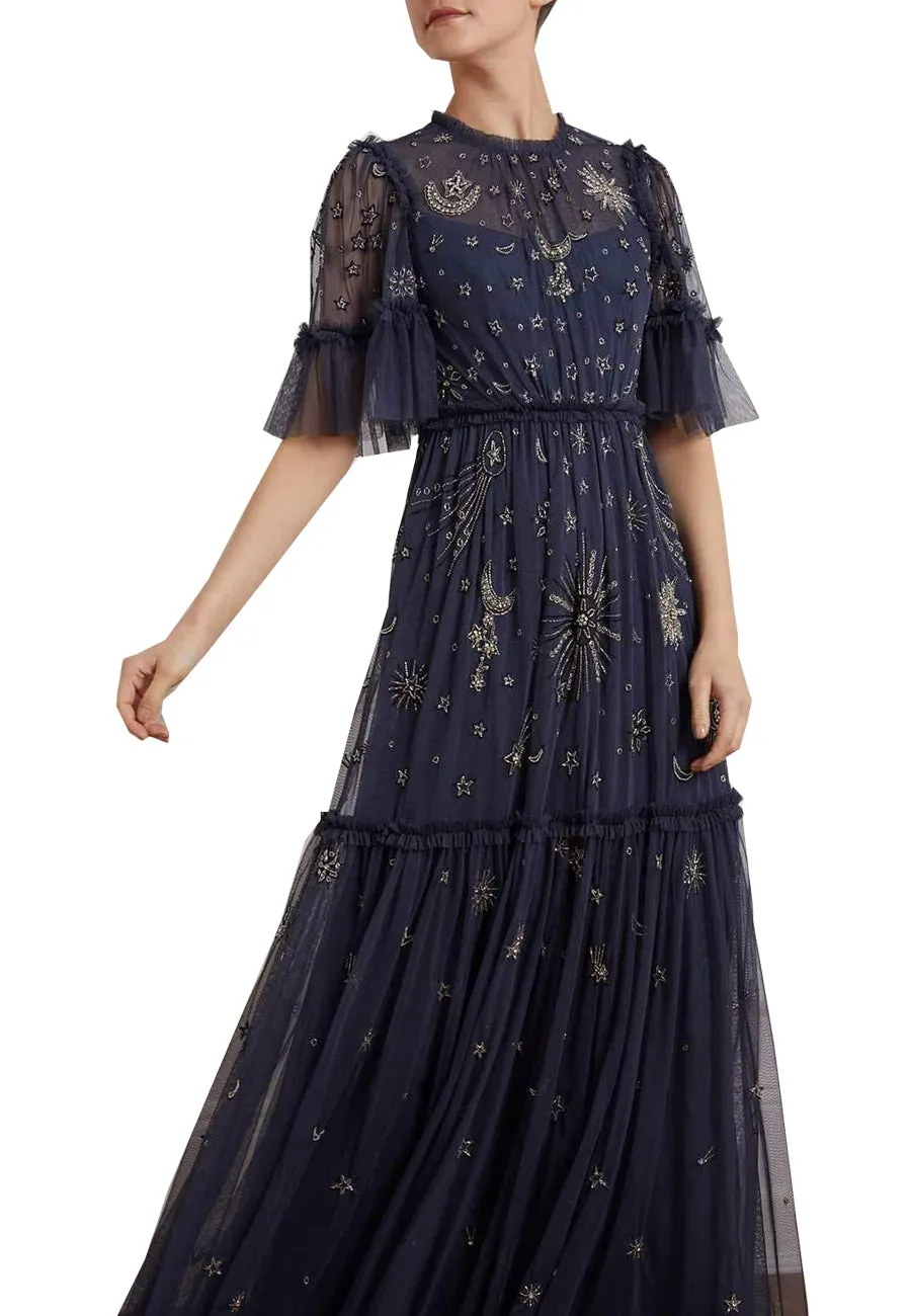 Navy Jasmine Ether Moon and Stars Embellished Maxi Dress