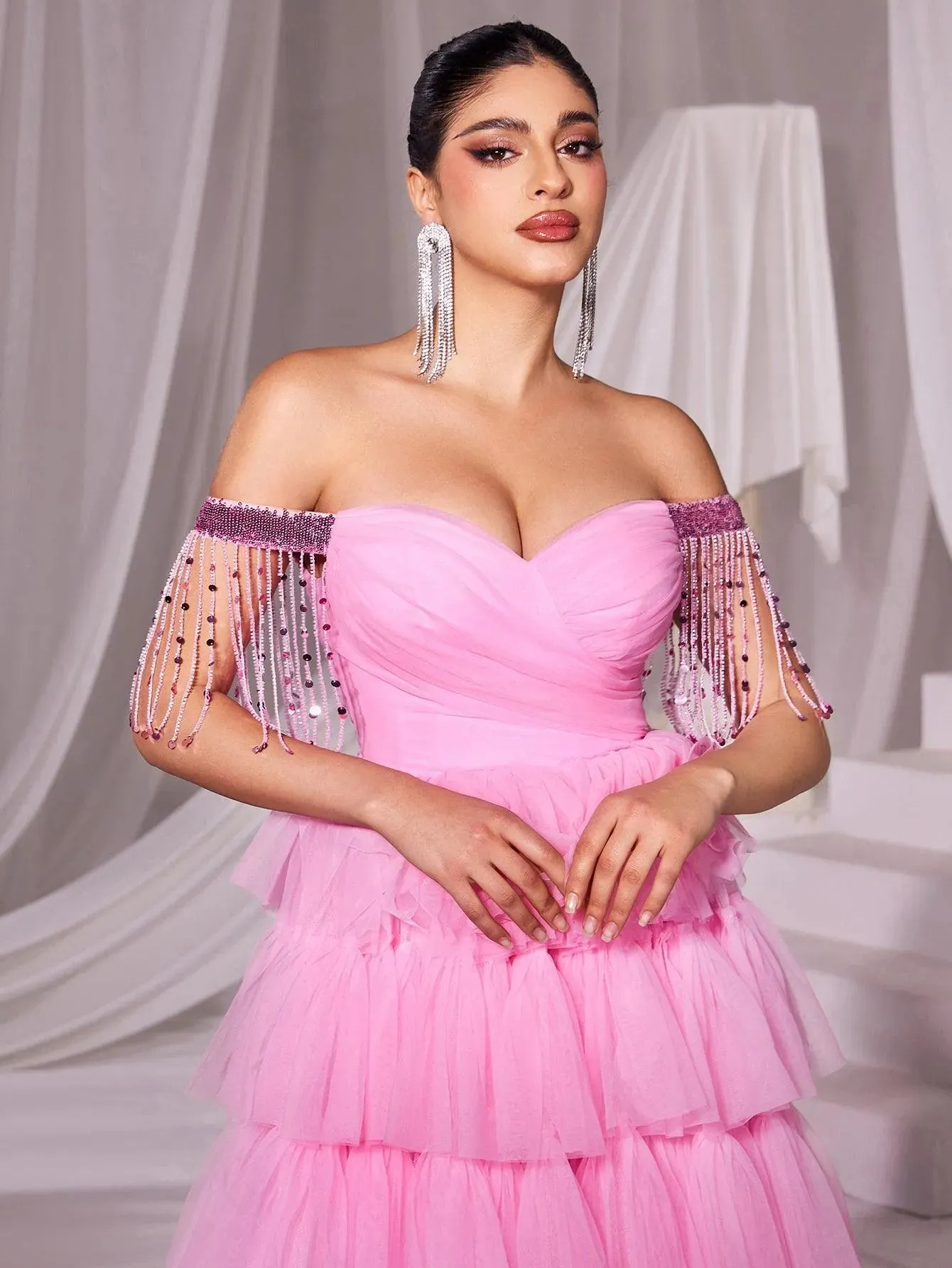 Off Shoulder Fringed Sleeves Mesh Cake Dress