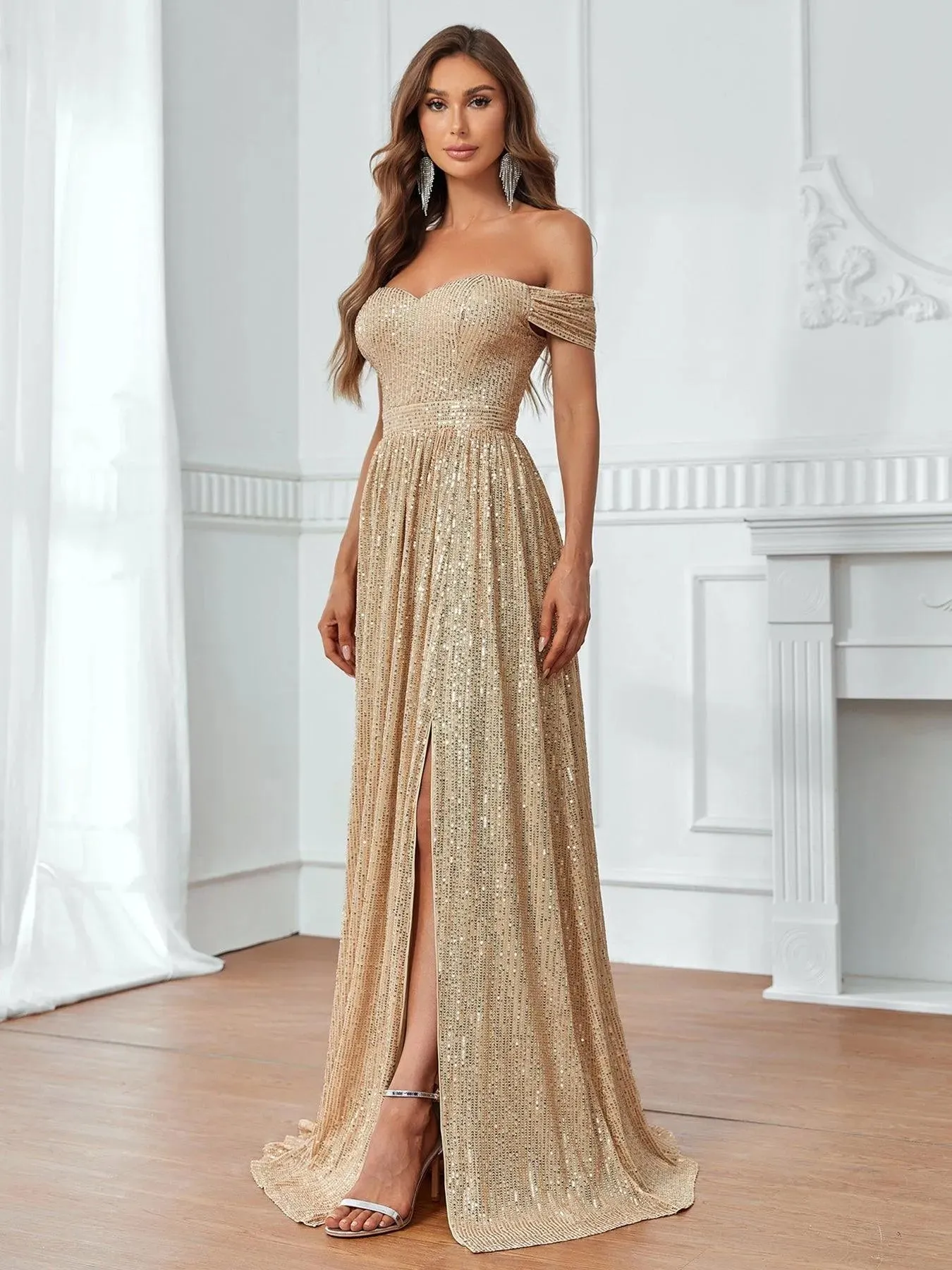 Off Shoulder Split Thigh Sequin Party Dress