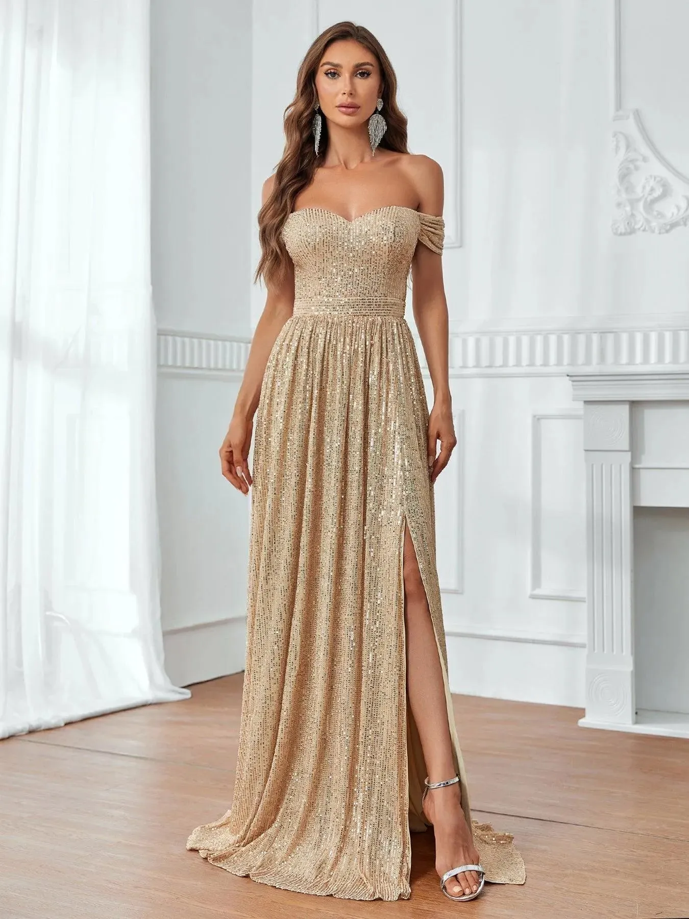 Off Shoulder Split Thigh Sequin Party Dress