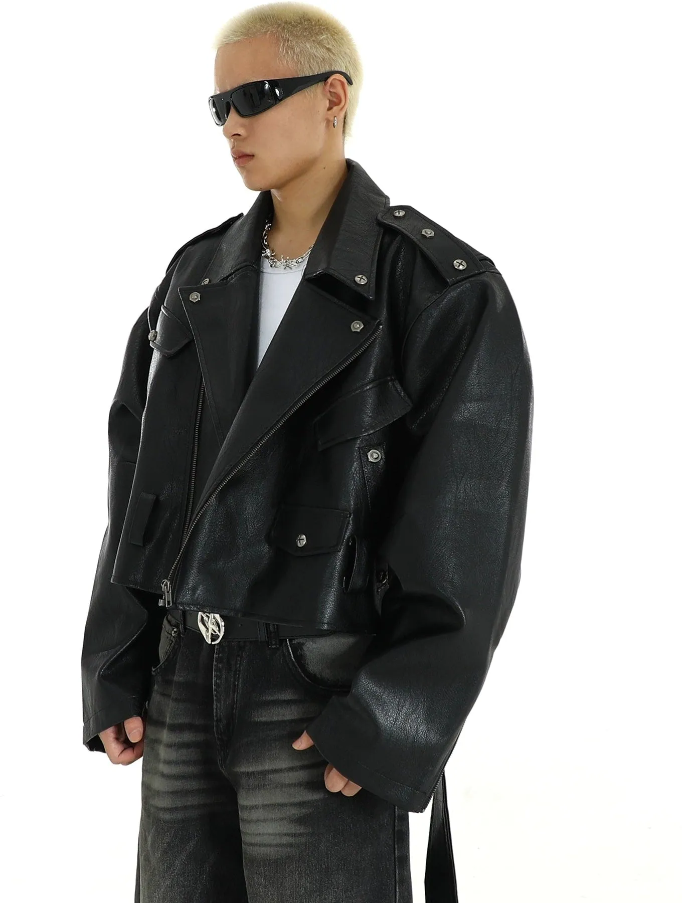 Oversized Mid-Crop Leather Moto Biker Jacket with Belt Detail