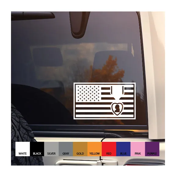 Purple Heart medal embedded in US Flag Vinyl Decal