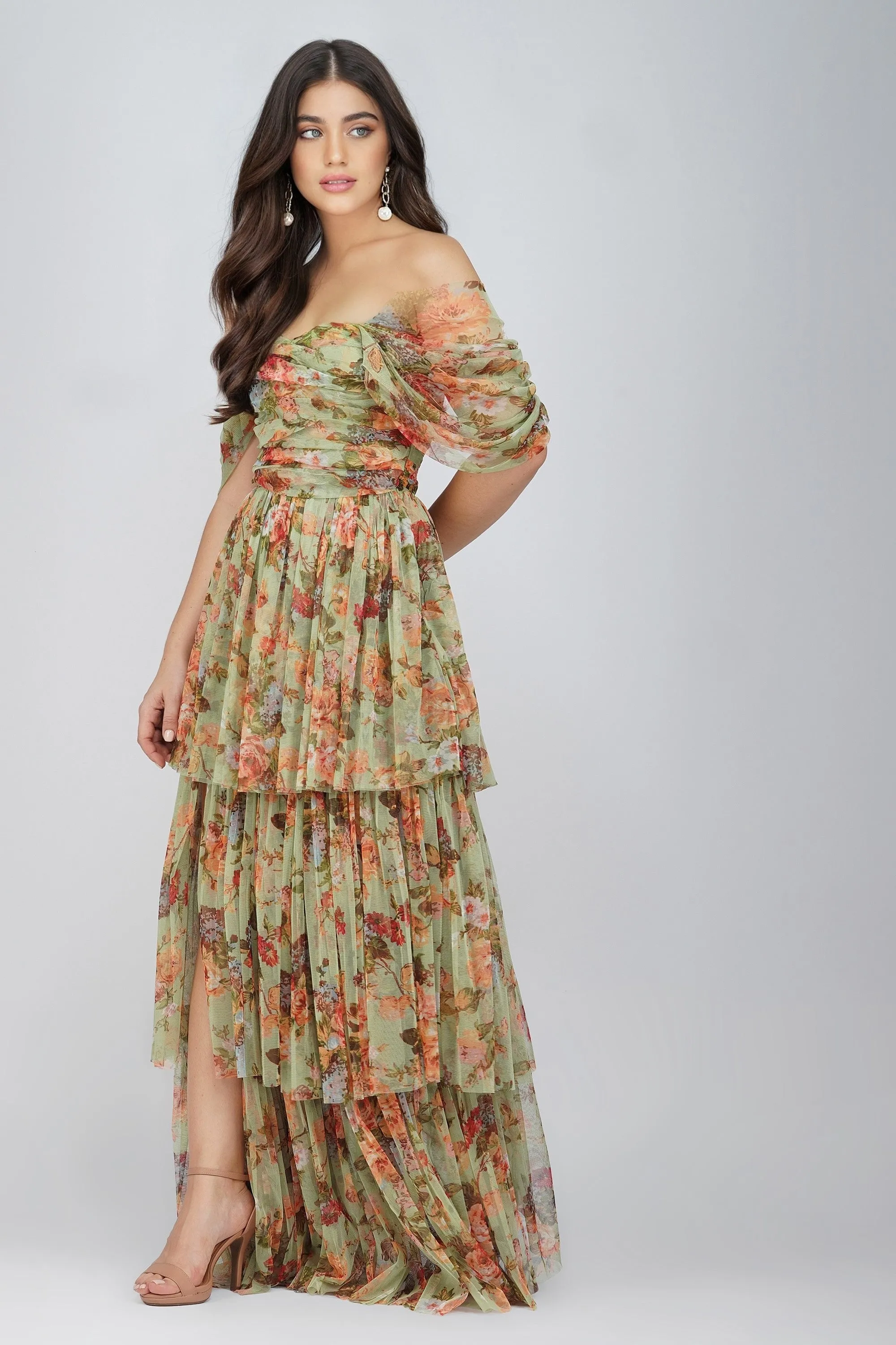 Sydney Tulle Maxi Dress in Green Floral