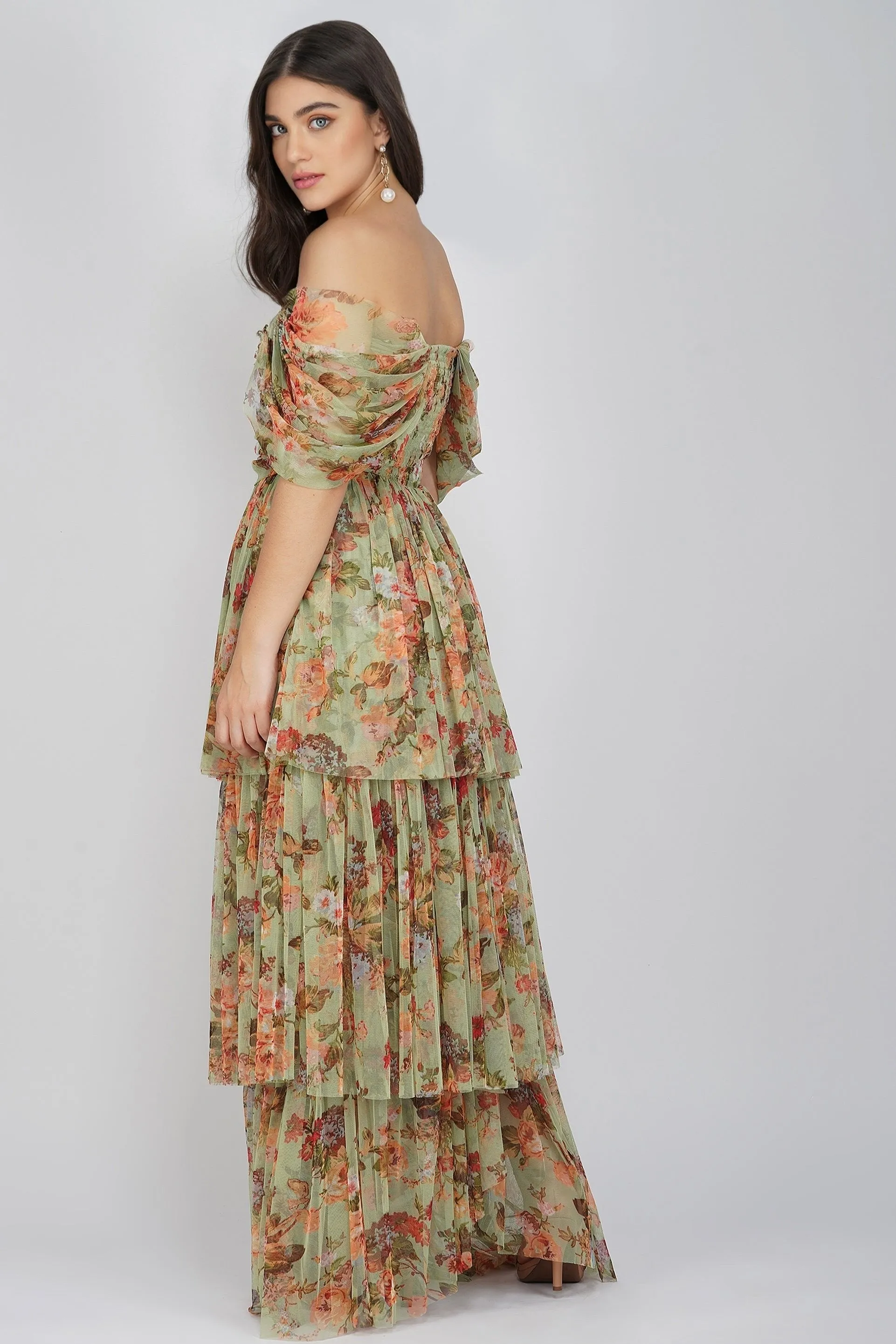 Sydney Tulle Maxi Dress in Green Floral