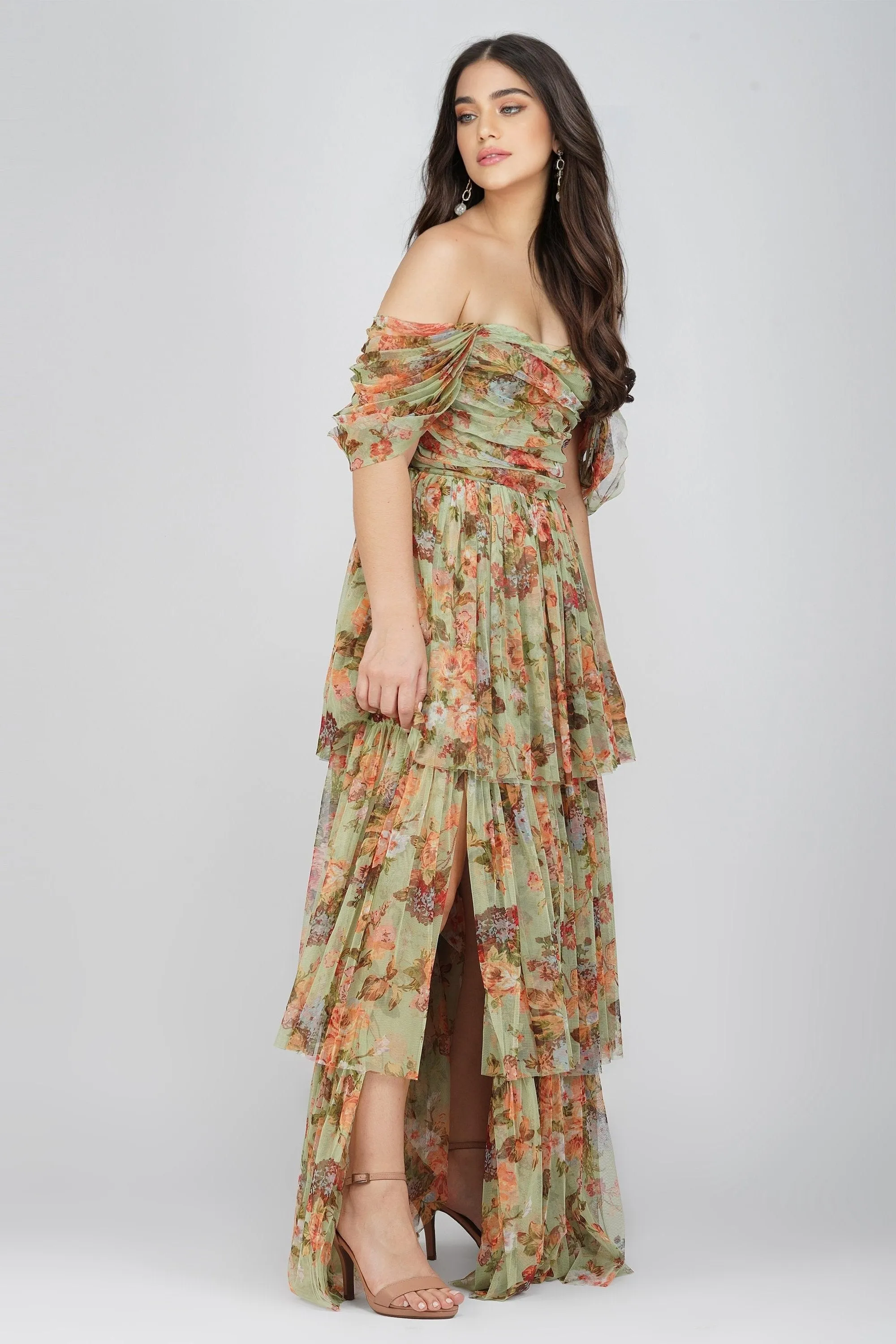 Sydney Tulle Maxi Dress in Green Floral