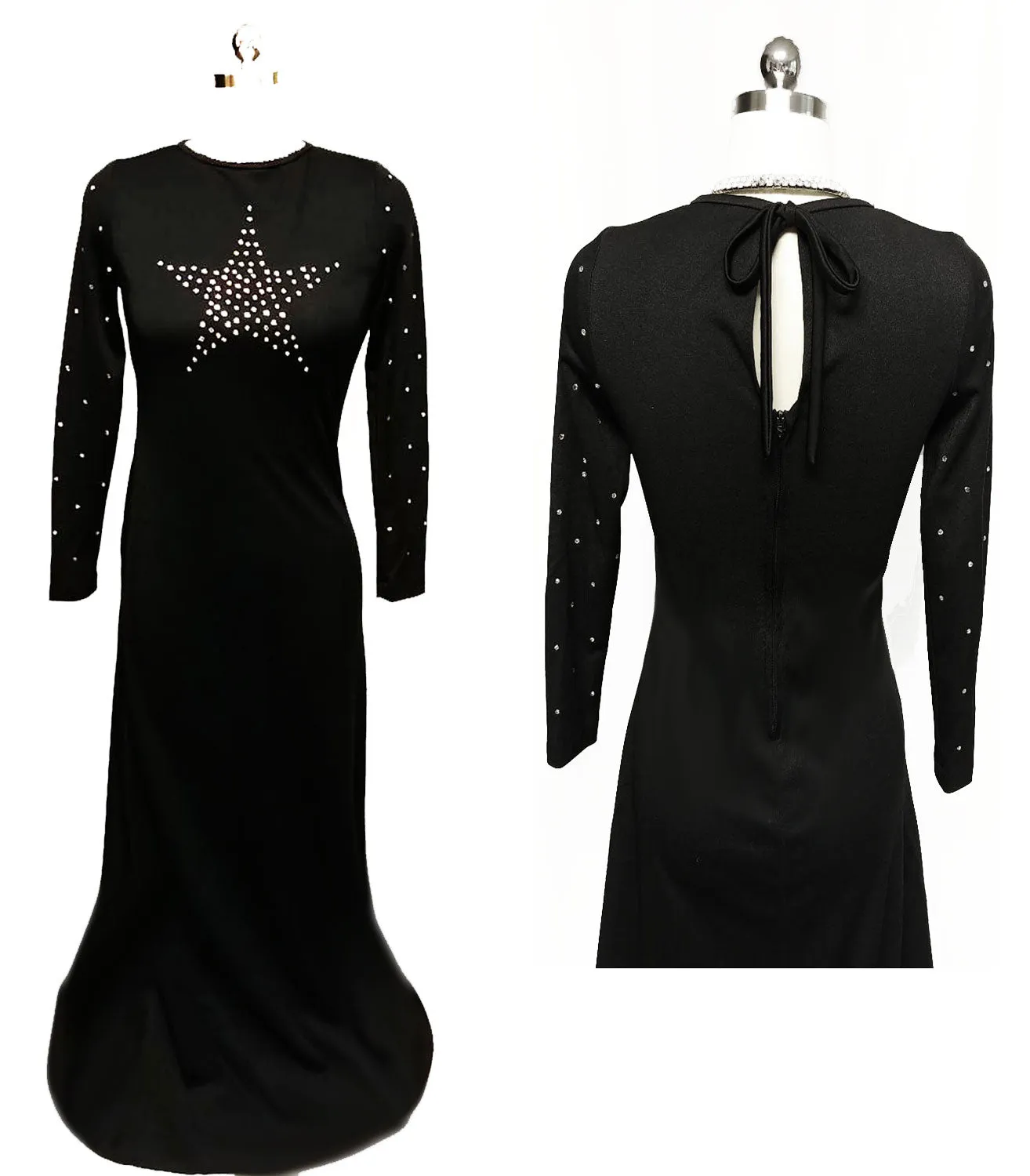 *VINTAGE BLACK SPARKLING RHINESTONE STAR EVENING GOWN WITH KEYHOLE BACK