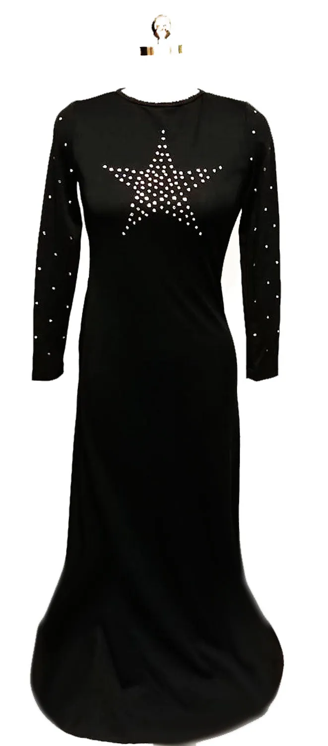 *VINTAGE BLACK SPARKLING RHINESTONE STAR EVENING GOWN WITH KEYHOLE BACK