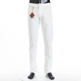 White Cotton Denim Pants - Slim-fit, Five-Pocket