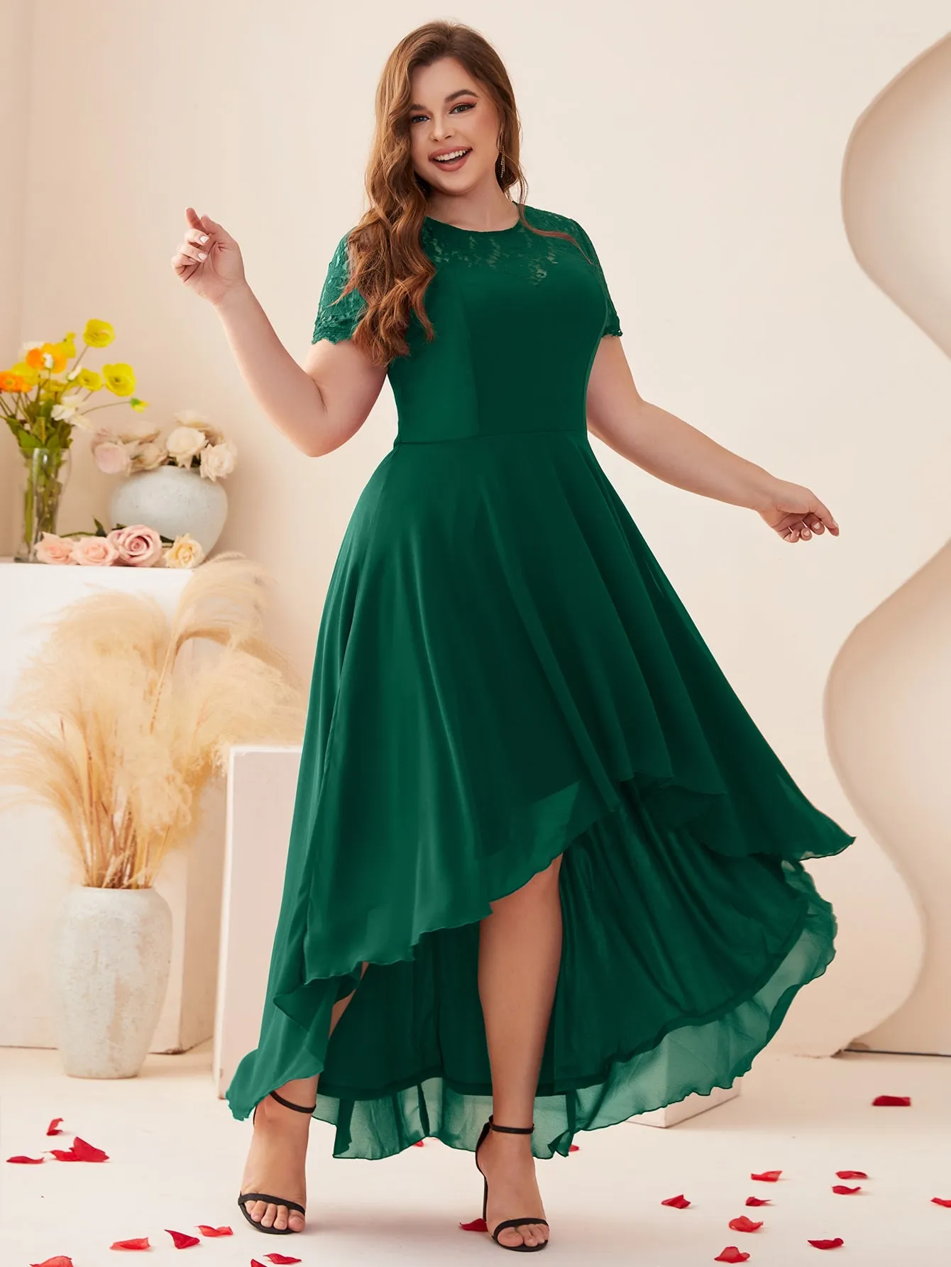 Women Plus Size Floral Lace Hi-Low Chiffon Bridesmaid Dresses