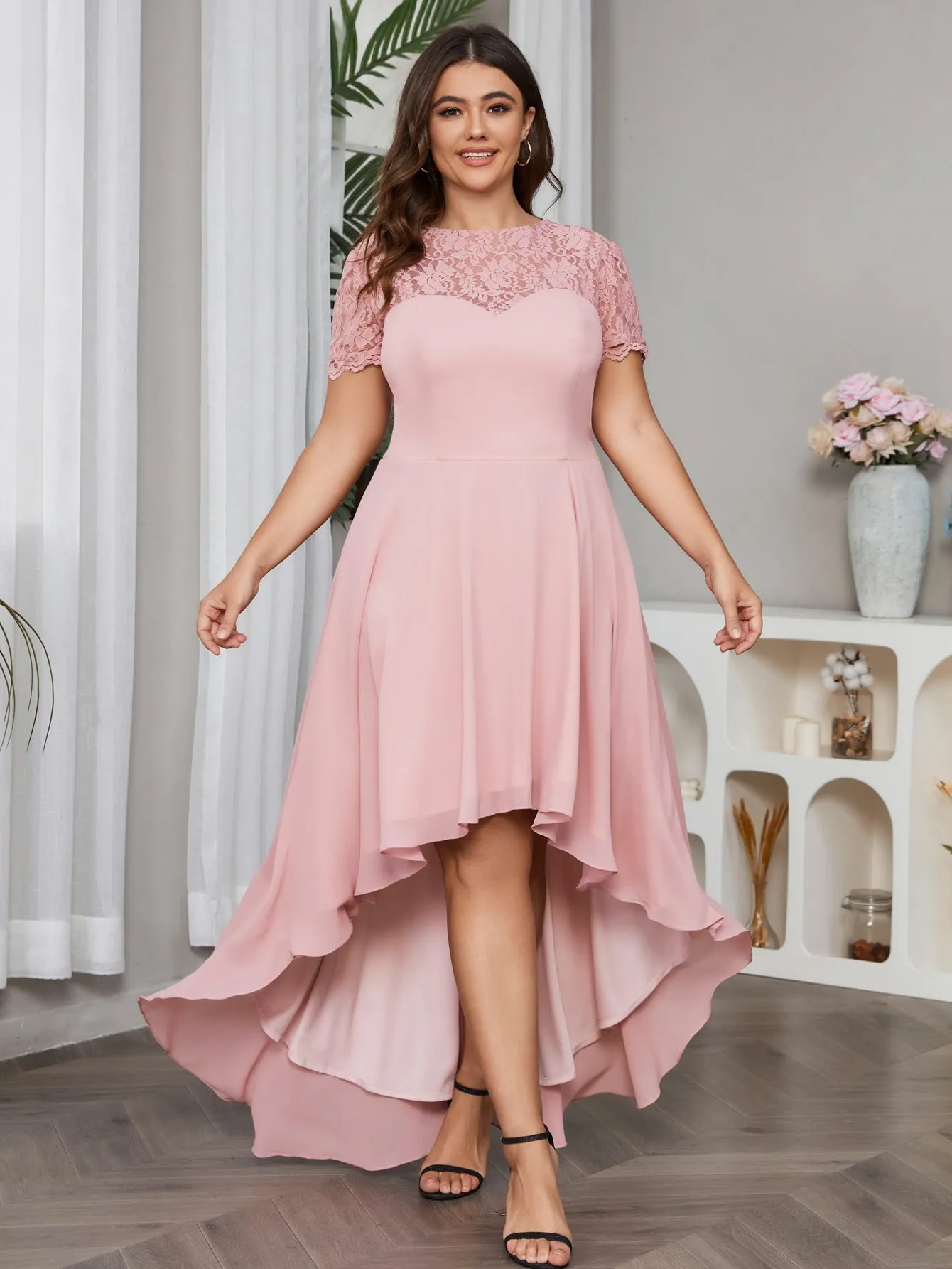 Women Plus Size Floral Lace Hi-Low Chiffon Bridesmaid Dresses