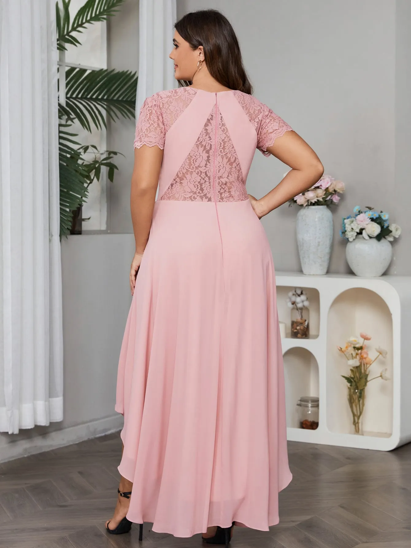 Women Plus Size Floral Lace Hi-Low Chiffon Bridesmaid Dresses