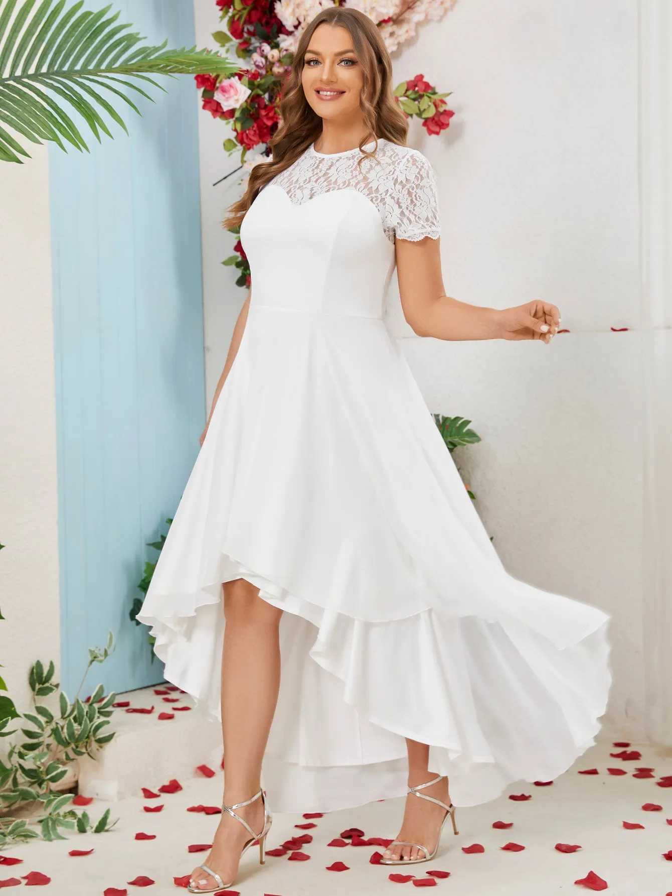 Women Plus Size Floral Lace Hi-Low Chiffon Bridesmaid Dresses