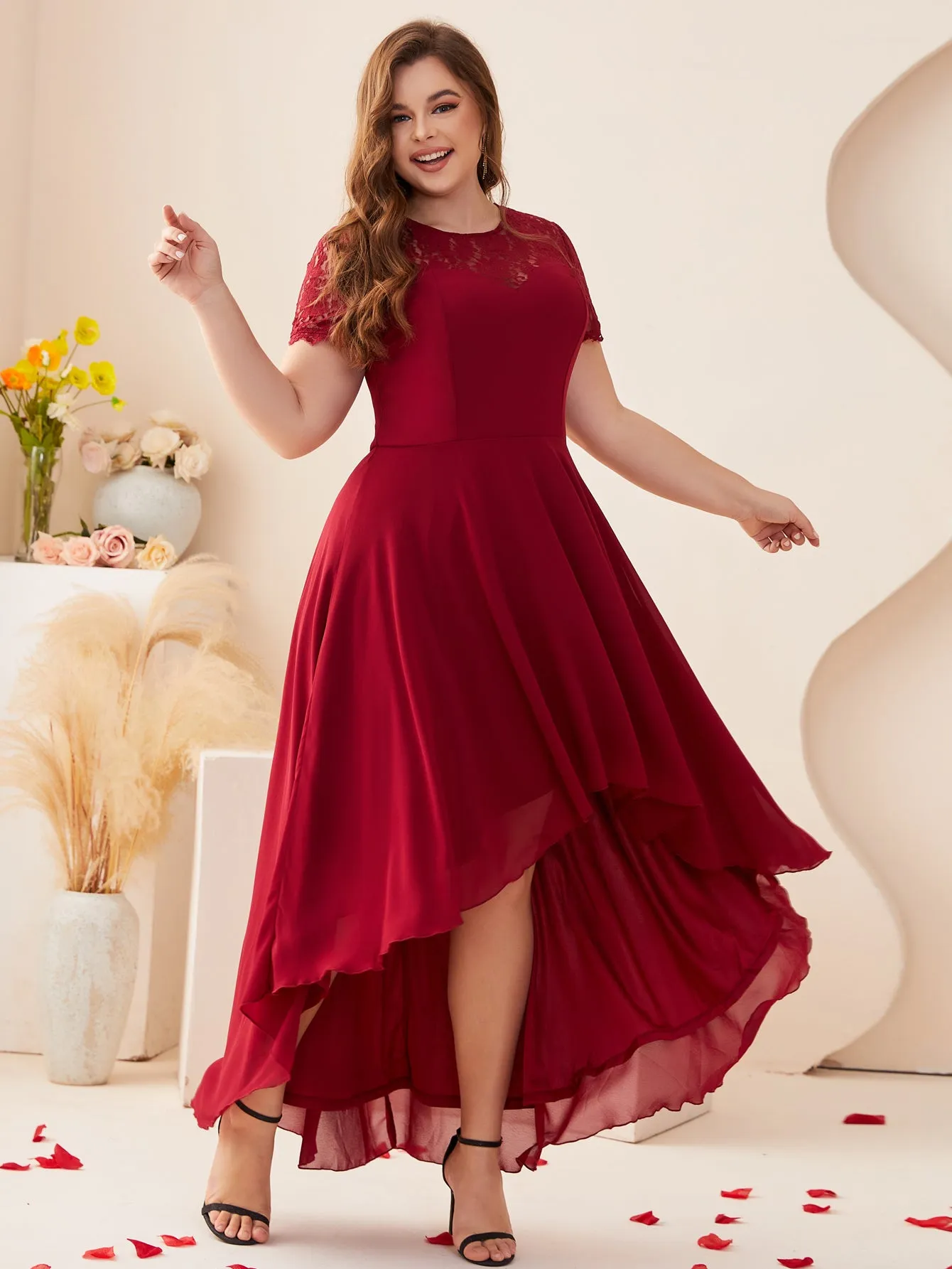 Women Plus Size Floral Lace Hi-Low Chiffon Bridesmaid Dresses