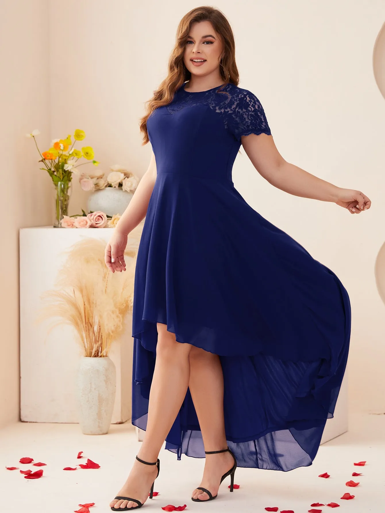 Women Plus Size Floral Lace Hi-Low Chiffon Bridesmaid Dresses