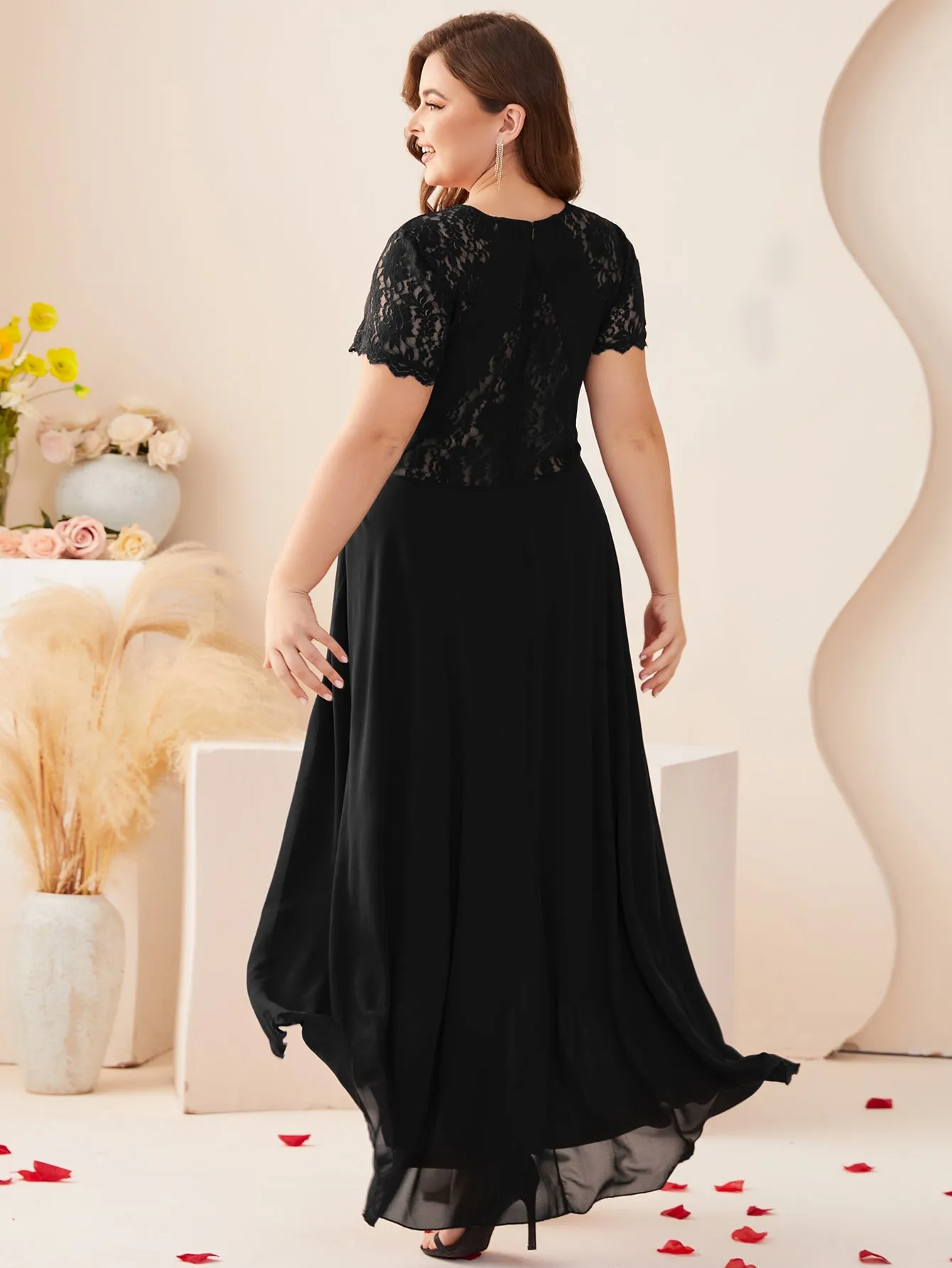 Women Plus Size Floral Lace Hi-Low Chiffon Bridesmaid Dresses