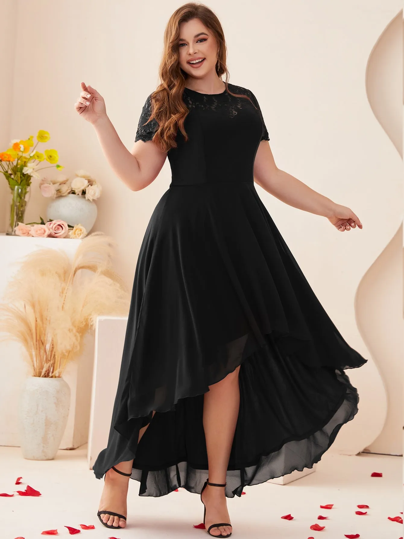 Women Plus Size Floral Lace Hi-Low Chiffon Bridesmaid Dresses