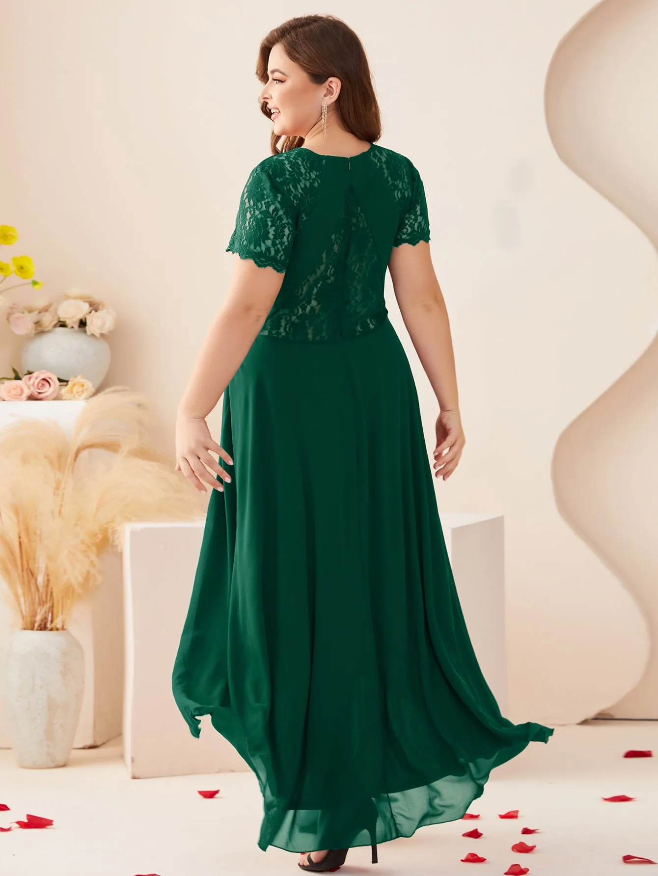 Women Plus Size Floral Lace Hi-Low Chiffon Bridesmaid Dresses