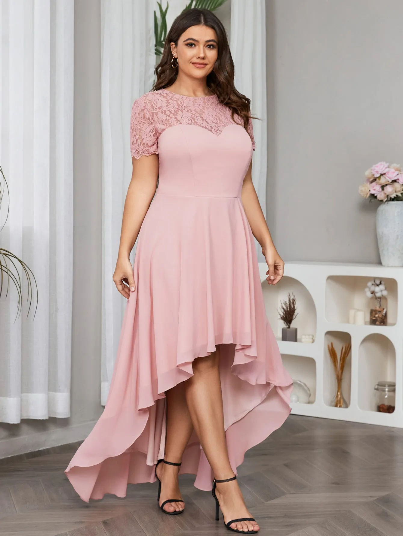 Women Plus Size Floral Lace Hi-Low Chiffon Bridesmaid Dresses