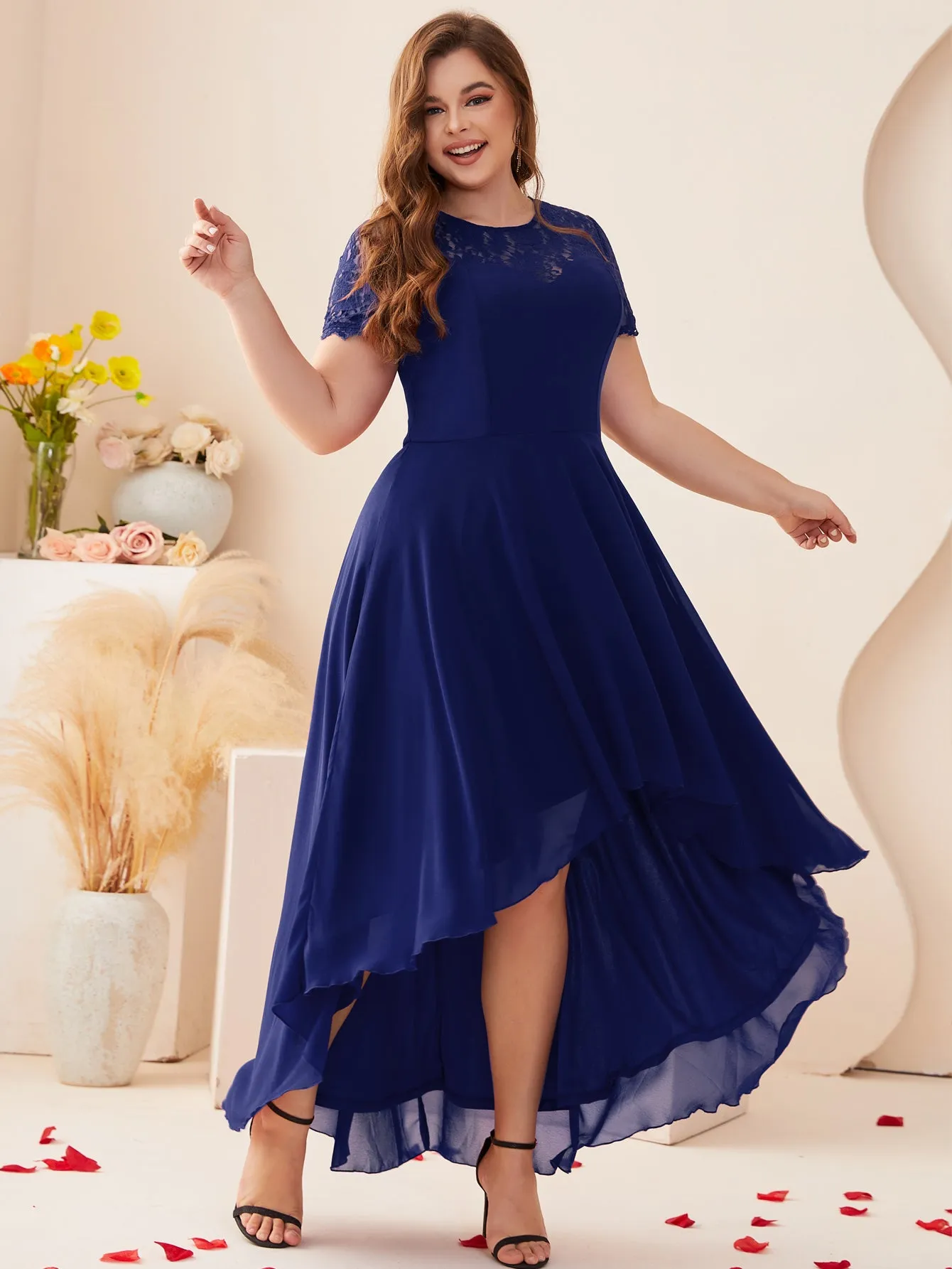 Women Plus Size Floral Lace Hi-Low Chiffon Bridesmaid Dresses