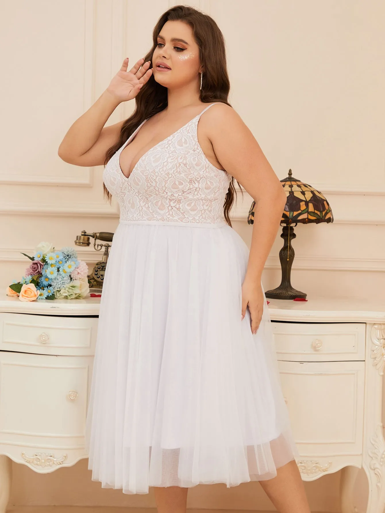 Women Plus Size Floral Lace Tea Length Mesh Cocktail Party Dresses