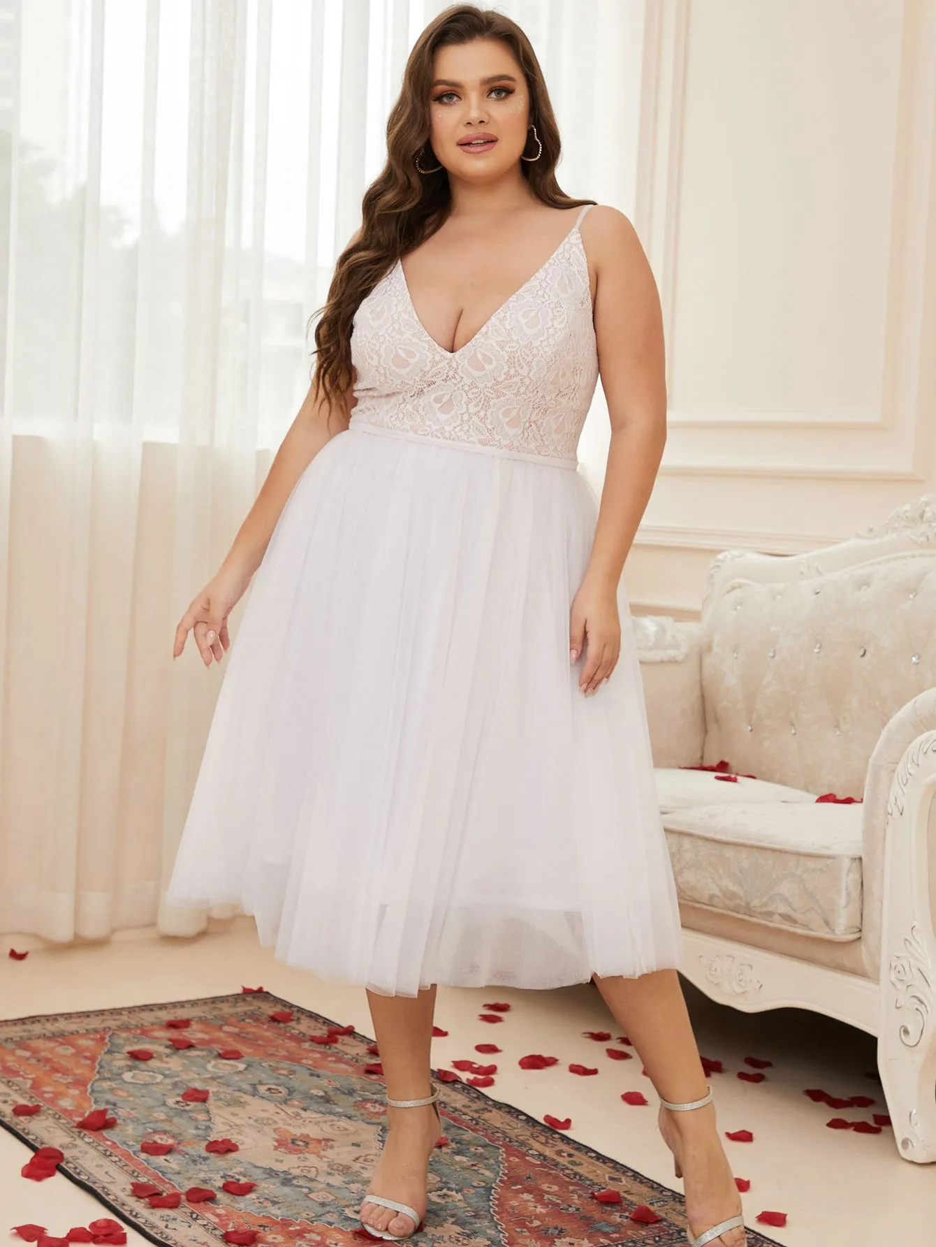 Women Plus Size Floral Lace Tea Length Mesh Cocktail Party Dresses