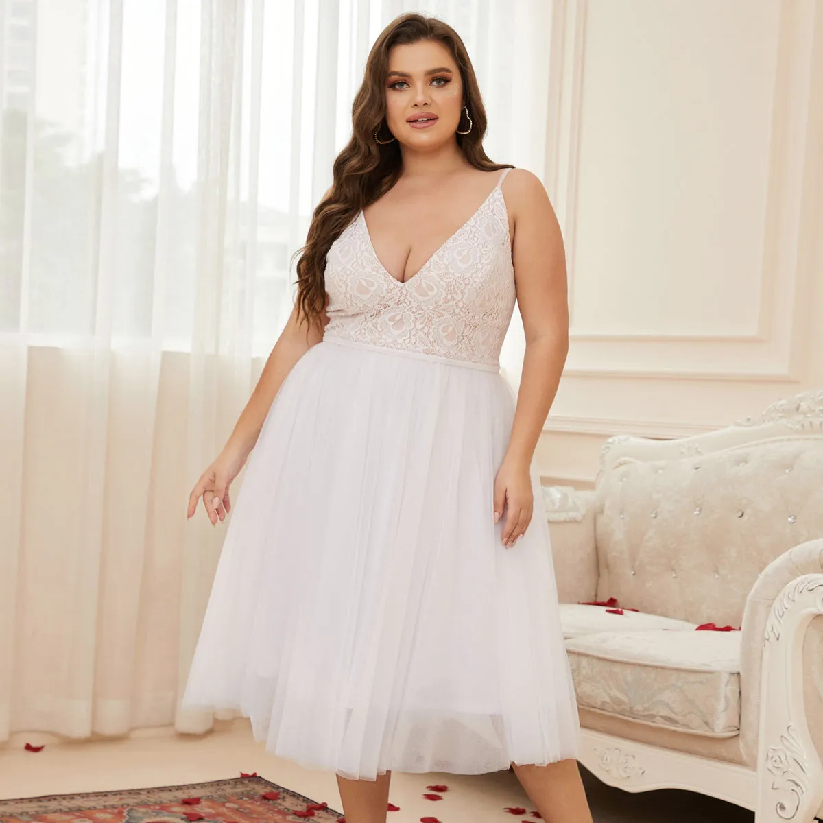 Women Plus Size Floral Lace Tea Length Mesh Cocktail Party Dresses