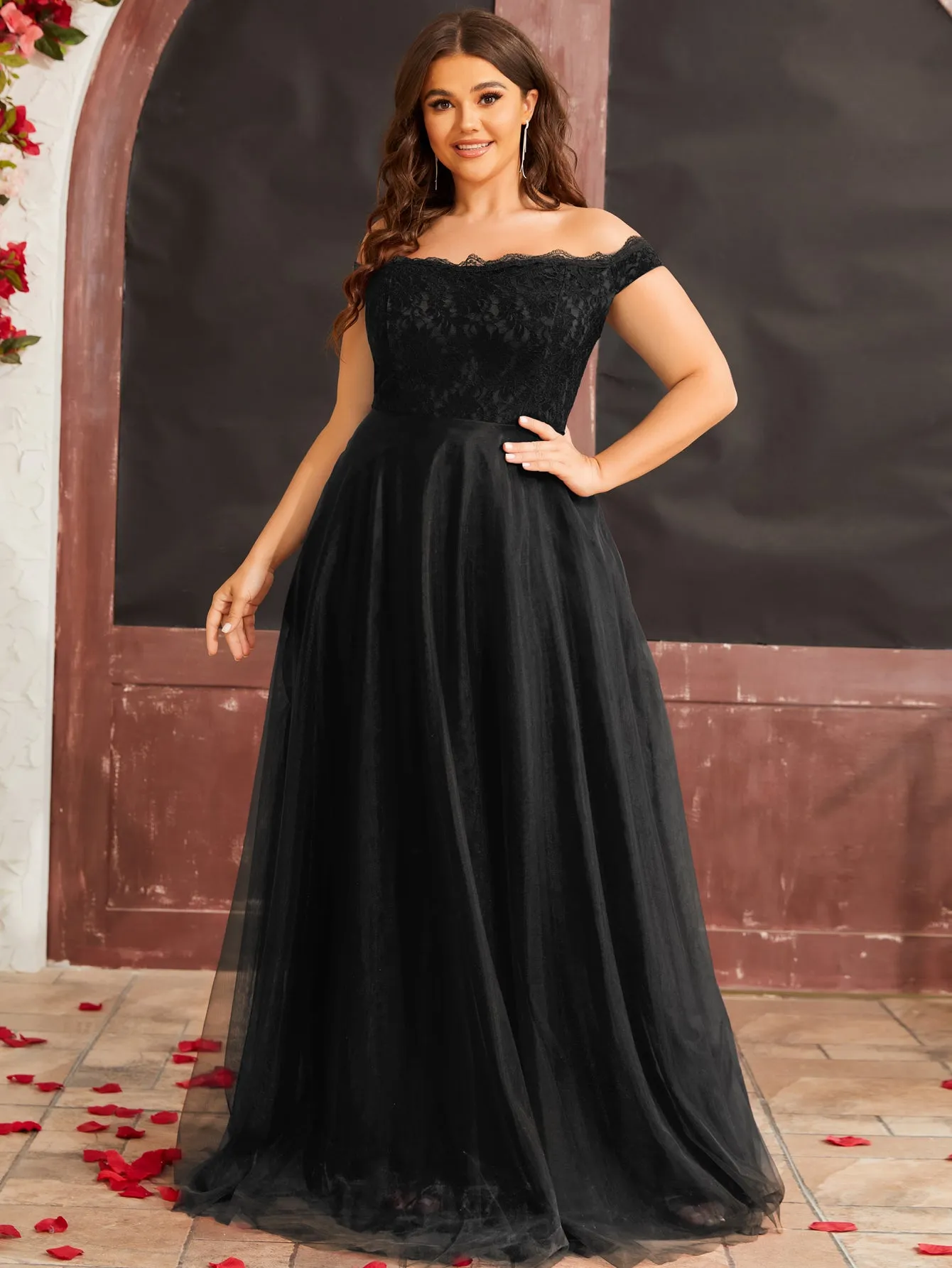 Women Plus Size Off Shoulder Floral Lace Mesh Hem Formal Prom Dresses