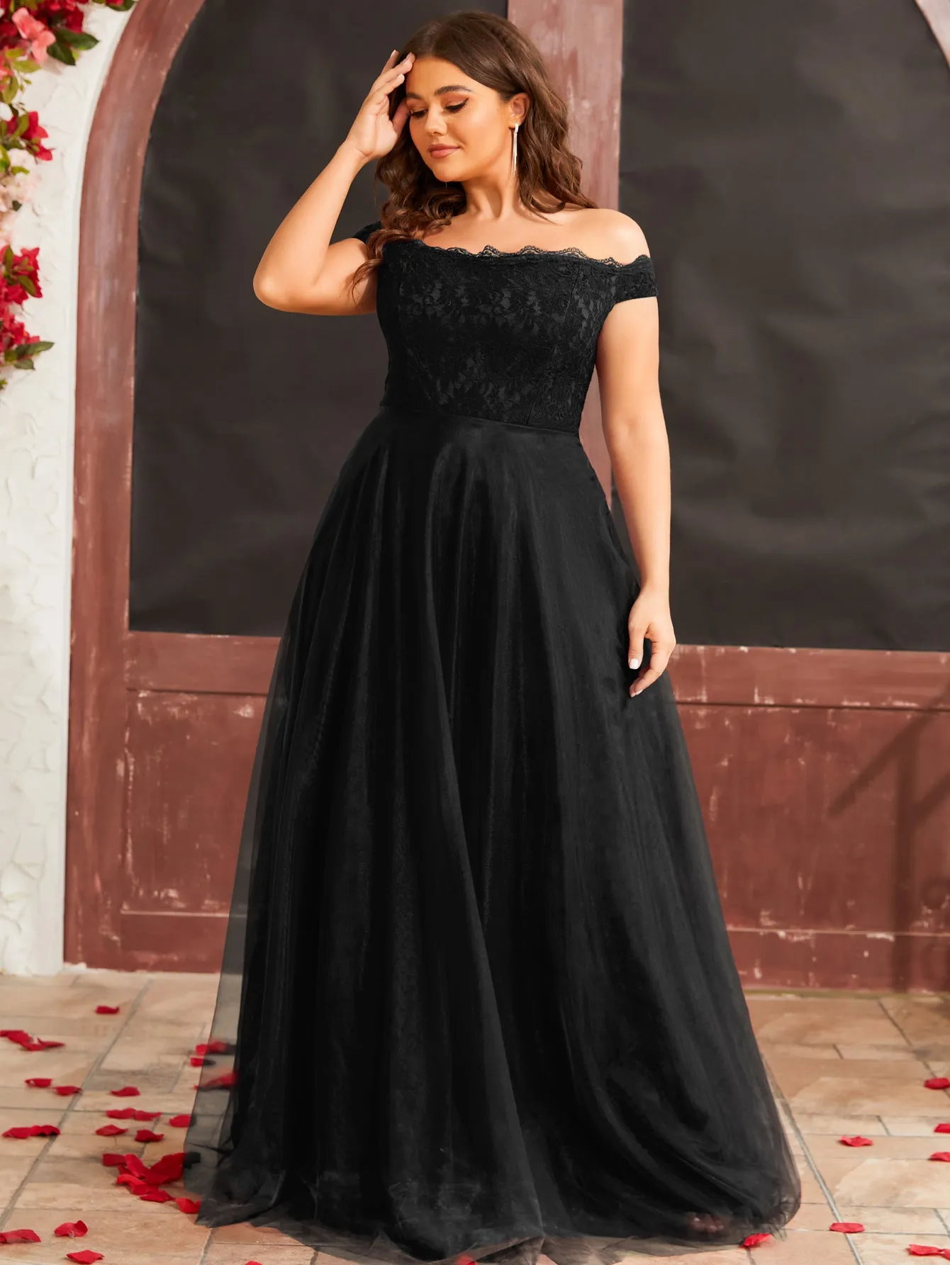 Women Plus Size Off Shoulder Floral Lace Mesh Hem Formal Prom Dresses