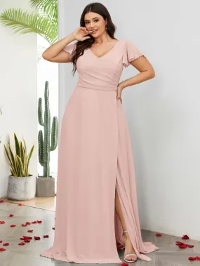 Women Plus Size V-neck Chiffon Split Thigh Ruffle Sleeve Bridesmaid Dresses