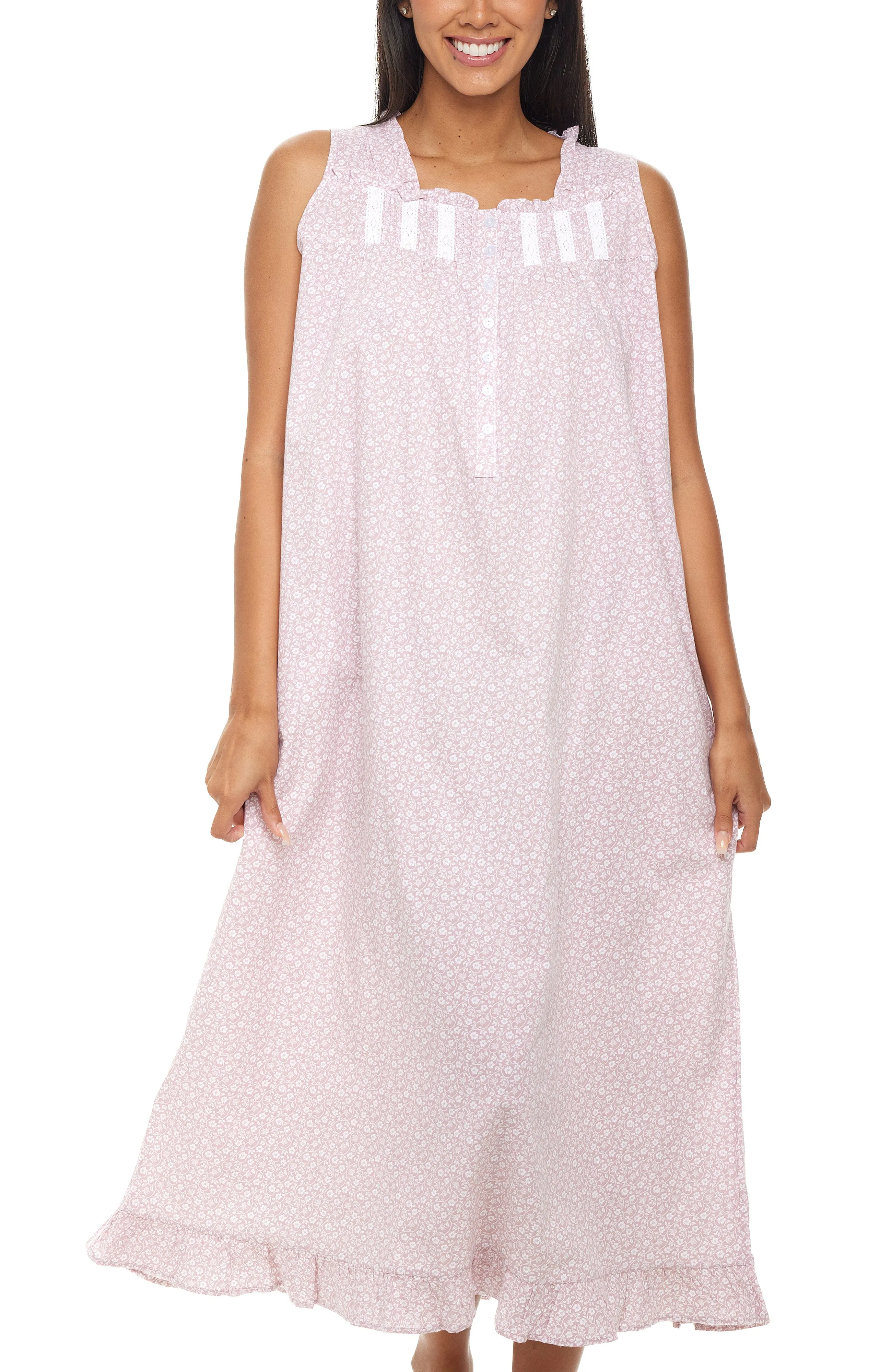 Women's Cotton Victorian Nightgown with Pockets, Clara Sleeveless Lace Trimmed Button Up Long Night Dress