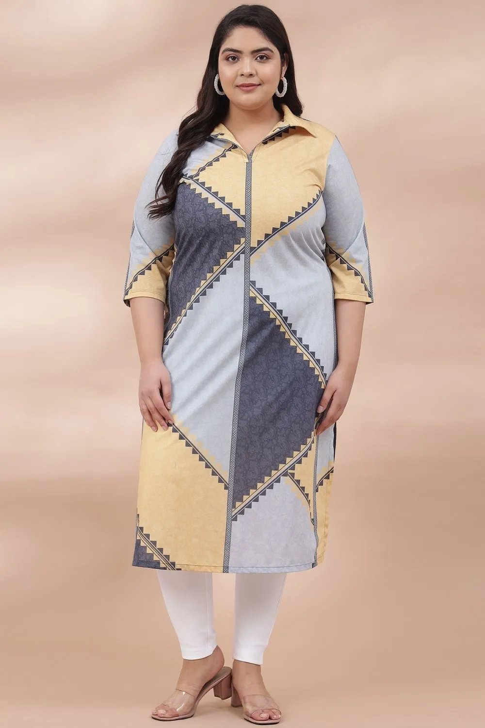 Yellow Powder Blue Printed Collared Kurti