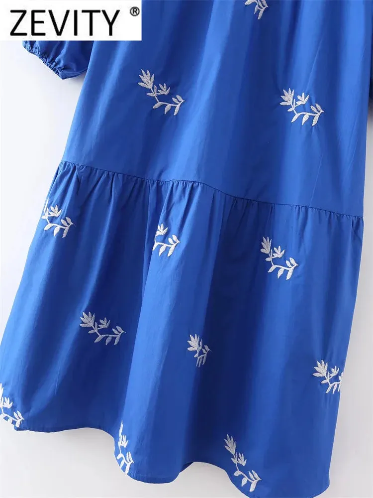 Zevity Women Fashion Floral Embroidery Casual Pleats Blue Midi Dress Female Stand Collar Three Quarter Sleeve Vestidos