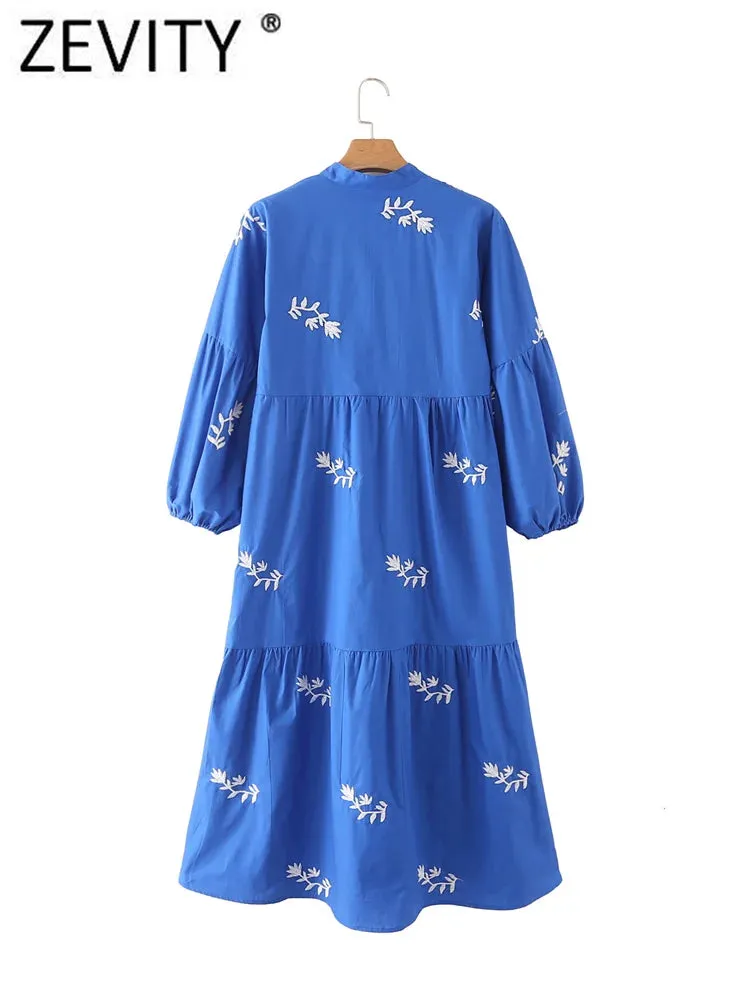 Zevity Women Fashion Floral Embroidery Casual Pleats Blue Midi Dress Female Stand Collar Three Quarter Sleeve Vestidos